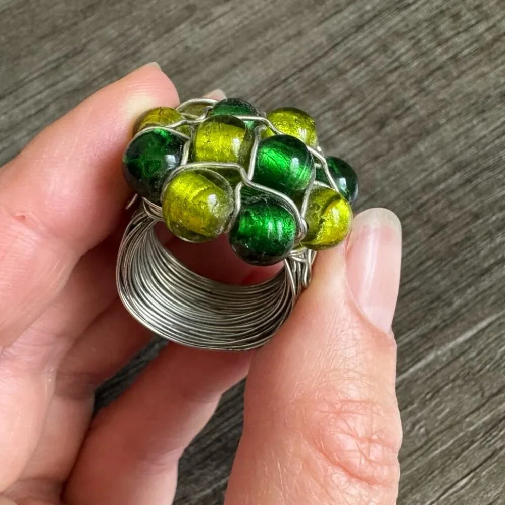 Handmade Wire-Wrapped Stainless Ring with Green & Yellow Glass Beads Size, 5.5